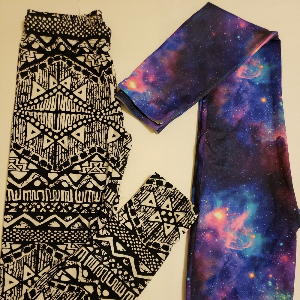 2 Leggings tribal black/cream & galaxy print